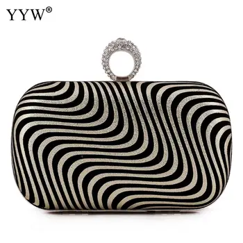 

Black Evening Clutch Bag Finger Ring Women Bags Striped Rhinestone Wedding Handbags Bridal Metal Chain Mini Clutches Bag Purse
