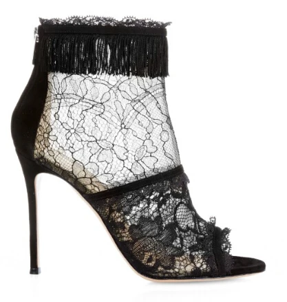 

Sexy black lace flower embroidered stiletto heels women ankle boots open tpe back zipper party dress shoes summer high heels