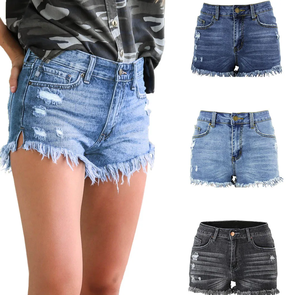

Women Shorts Jeans Cotton Women Summer Feminino cintura alta Mid Rise Shorts Frayed Raw Ripped Denim Plus Size 4