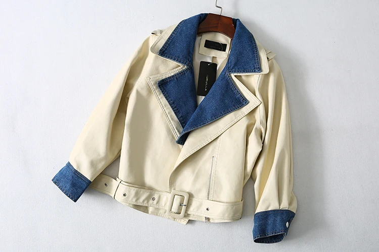 Finest  LMCAVASUN 2019 New Spring Lapel Long Sleeve Black Pu Leather Bandage Denim Stitch Loose Jacket Wome