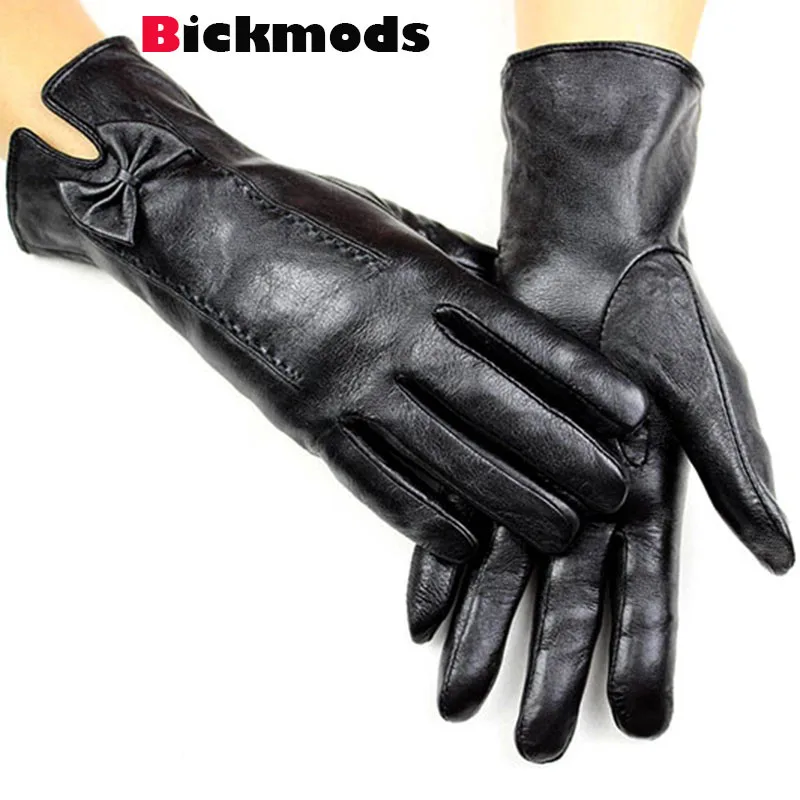 

2017 new shelves leather gloves female bow style woolen lining thin autumn driving sub-finger women's sheepskin gloves