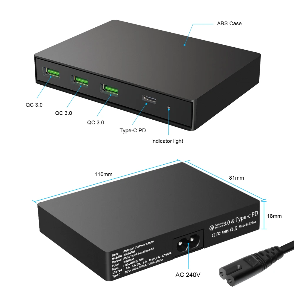 Устройство для быстрой зарядки PD3.0 Type C и QC3.0 3 порта USB 0 адаптер питания Macbook iPhone