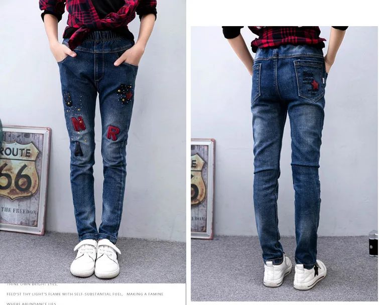 Детские джинсы для девочек весна-осень, с вышивкой с буквенным принтом джинсовые штаны для детей повседневные брюки для девочек для возраста 3 5 7 8 10 12 лет