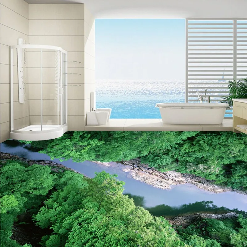 

Free Shipping bedroom square flooring painting 3D Canyon Alpine forest space self-adhesive PVC floor wallpaper mural