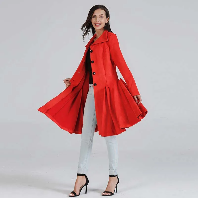

2018 Fall / Winter New High Quality Women Long Coats Long Loose Lapel Red Woolen Cloak A-Line Button Wool Windbreaker Outwear
