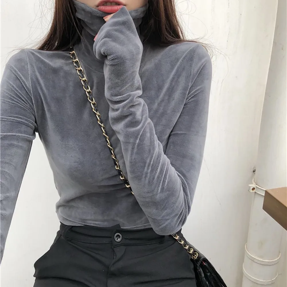 

Women new Warm Gold Velvet Pullovers Tops Turtleneck Long Sleeve High Collar Bottoming Slim T-shirt