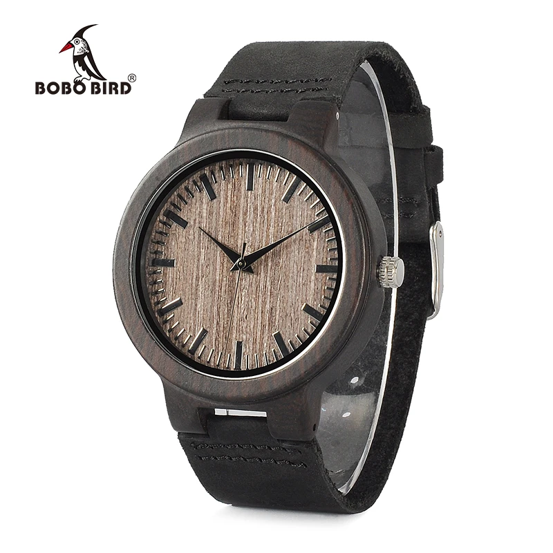 BOBO BIRD Ebony Watch Men Wooden Quartz Watch Leather Straps Wristwatches Men's Great Gift relogio masculino Drop Shipping