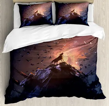 

Fantasy World Duvet Cover Set Howling Wolf on Rock Surrounded by Bats Birds Scary Dog Wild Life Animals Art, 4 Piece Bedding Set