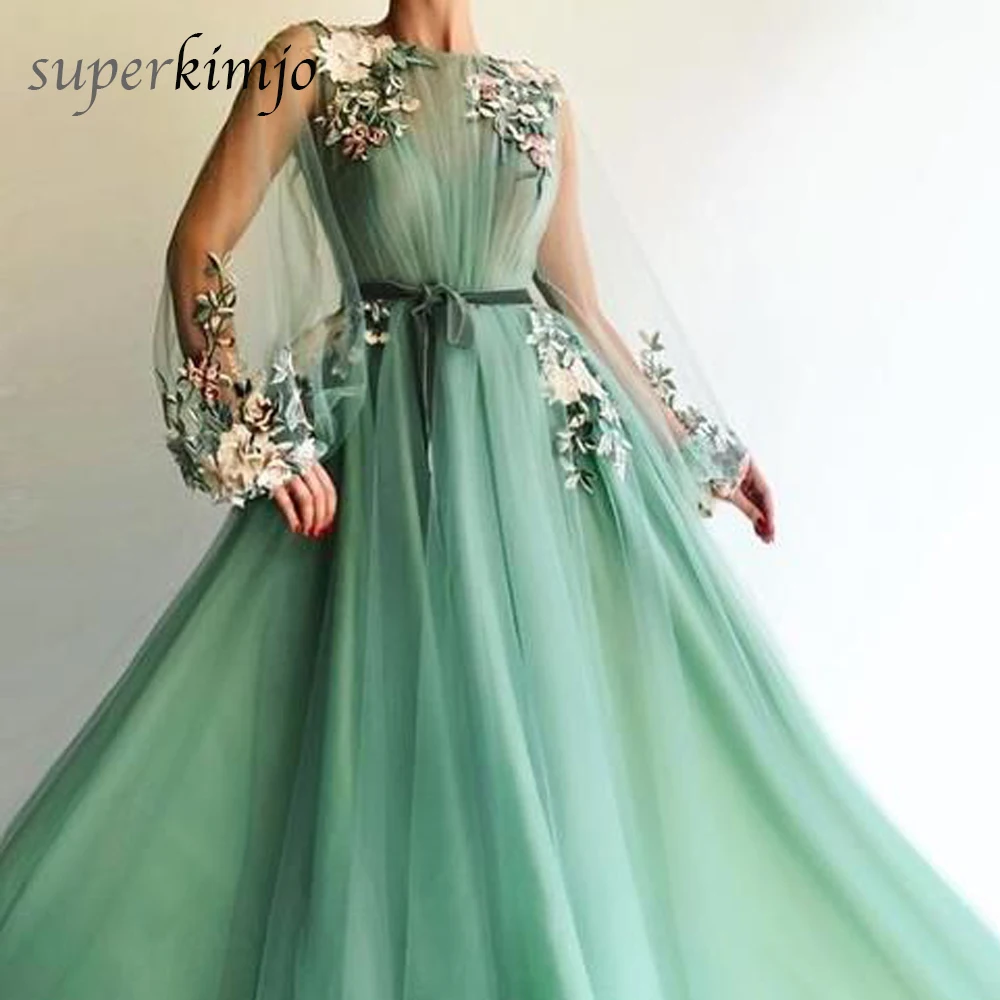 

Real Prom Dresses Green Crew Neckline Embroidery Tulle Long Sleeve Evening Dresses Arabic 2019