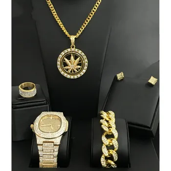 

Luxry Men Watch & Necklace & Bracelet & Earrings & Ring Combo Set Ice Out Cuban Top Brand Lucky Turn Pendant Hip Hop For Men