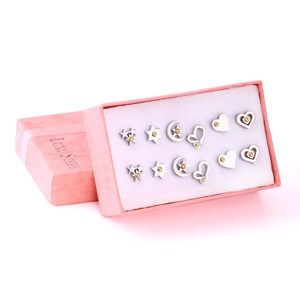 LUXUKISSKIDS 6 пар/кор. серьги гвоздики из нержавеющей стали набор Сердце Звезда для