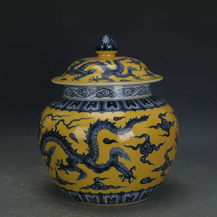 Античная Ming ваза желтый глазурованный синий и белый керамика Дракон украшения Jar Танк ремесла
