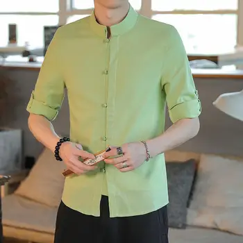 

11 Colors Plus Size Mens Linen Shirts For Beach Wedding Roll-up Sleeve Slim Fit Linen Shirt 3/4 Sleeve Casual Shirts XXXXXL