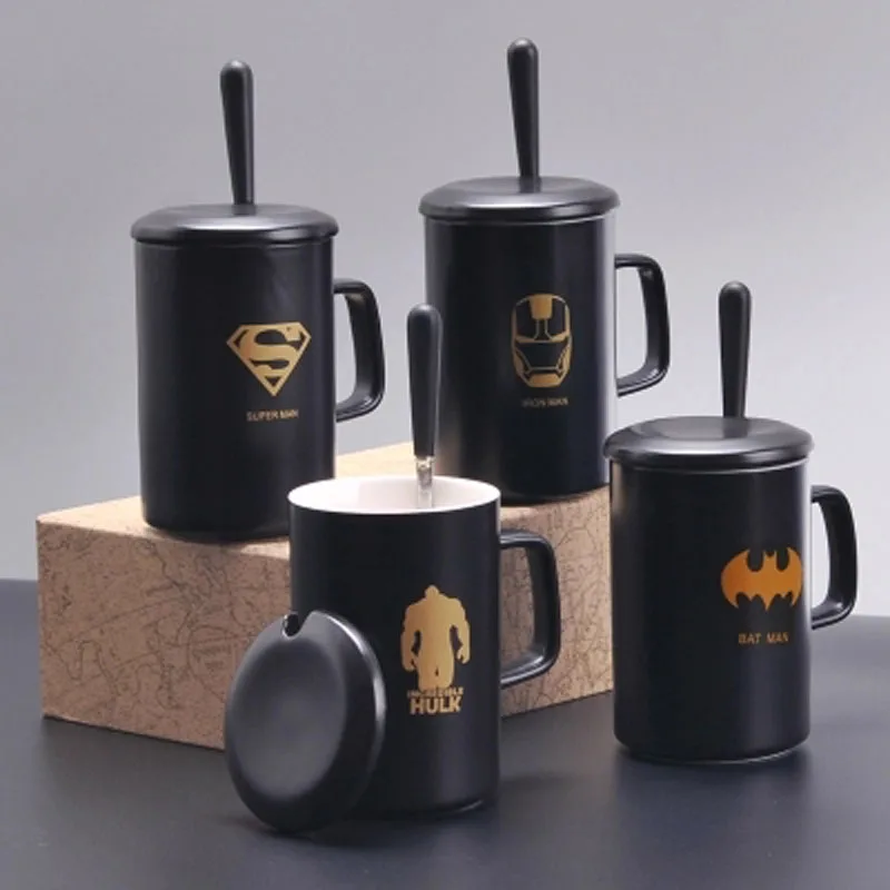 

Cool Avengers Black Milk Water Bottle Drinkware Mug With Lid And Spoon Superman Spiderman Batman Mug High Quality Ceramic Cup