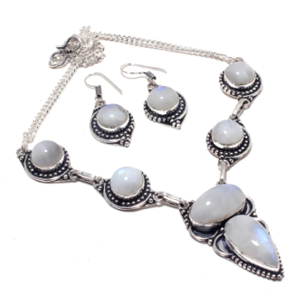 

Rainbow Moonstone Necklace Earing Silver Overlay over Copper , 42cm, FRN0072