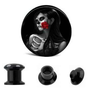

JUNLOWPY Logo Ear Gauge Plugs Internally Threaded Screw Fit Earring Expander Stretcher Black Acrylic Saddle Flesh Tunnels 4-16mm