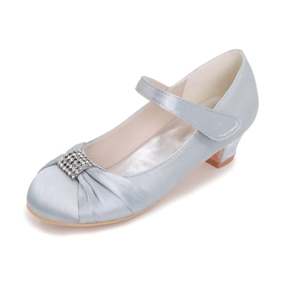 Zapatos elegantes de satén con tacón cuadrado bajo para niña, zapatos de vestir de boda con flores, tacones concisos, punta redondeada, graduación, Reina, quinceañera, diamantes de imitación|Sandalias| AliExpress