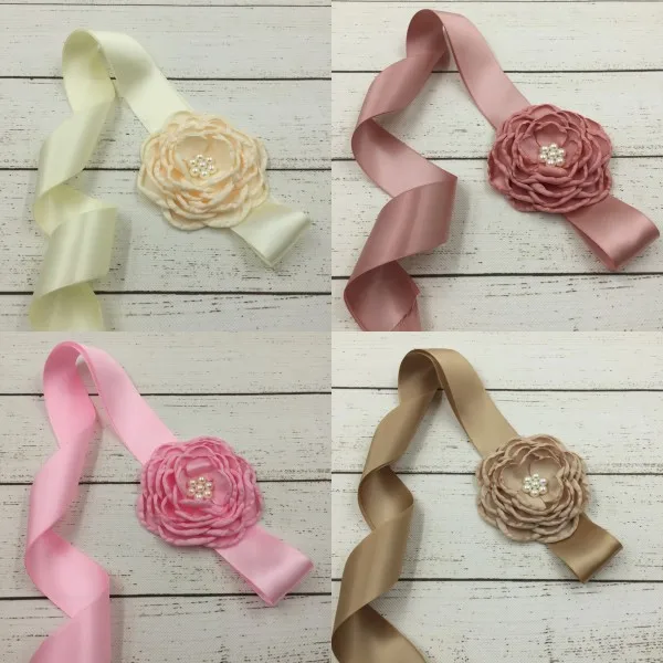 

20pcs/lot Satin Flower Matching Sparking Pearl in Center Flower Sash Satin Flower Sash Layered Flwoer Sash