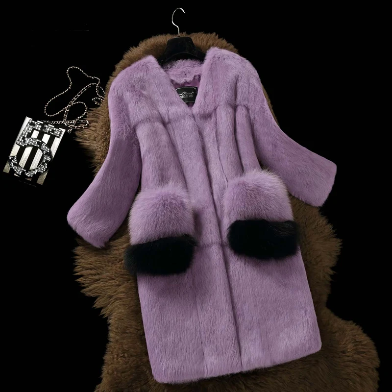 

Luxury Lady Real Rabbit Fur Coat Jacket Fox Fur Pocket Autumn Winter Women Fur Trench Outerwear Coats Clothing VF1084