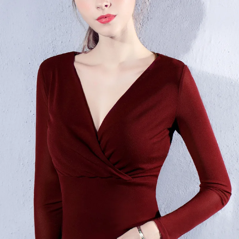 

Women Basic T-shirt 2018 Spring New Hot Fashion Female Casual Simple Net Yarn Slim Sexy V-neck Long Sleeve Classic Tops T-shirts