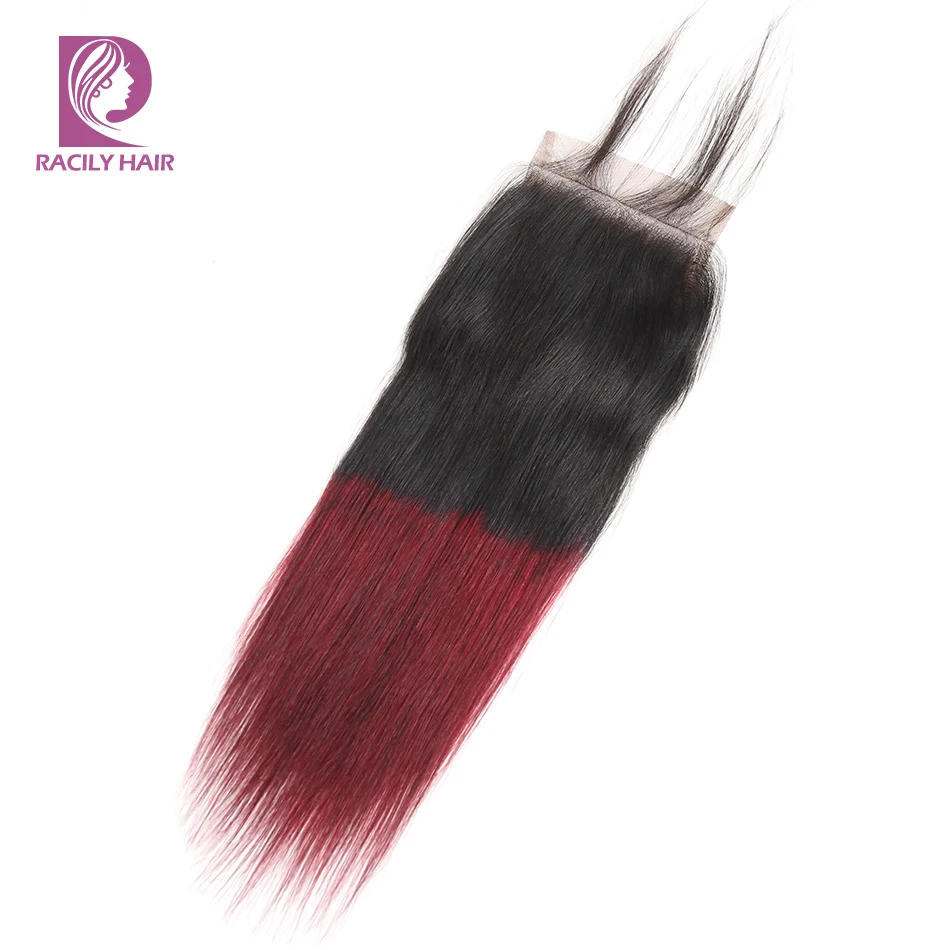 Racily волос T1B/бордовый Ombre бразильский прямые волосы 4x4 закрытия шнурка с ребенком волос 10-22 дюймов Ombre 99J Красный Застежка 1 шт./лот