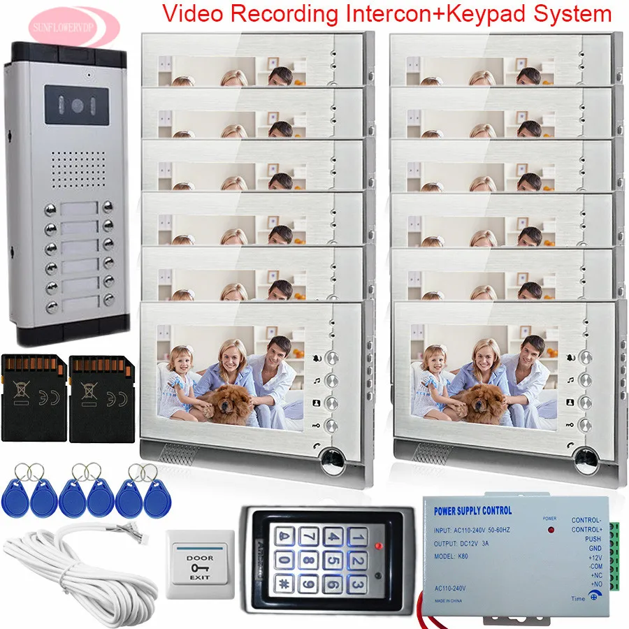 7Inch Home Video Door Phone +SD Card Video Intercom With Recording 12 Monitors Intercome System Keypad Access Control System Kit