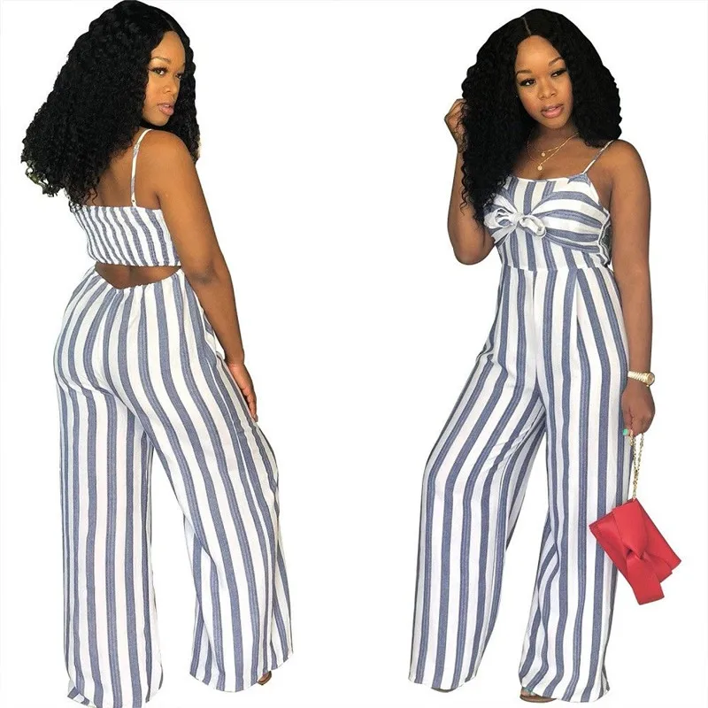 

Sexy Women Blue Red Stripe Jumpsuit Bandage Stappy Long Romper Plus Size Jumpsuit Trousers Casual Fashion Streetwear Outfits