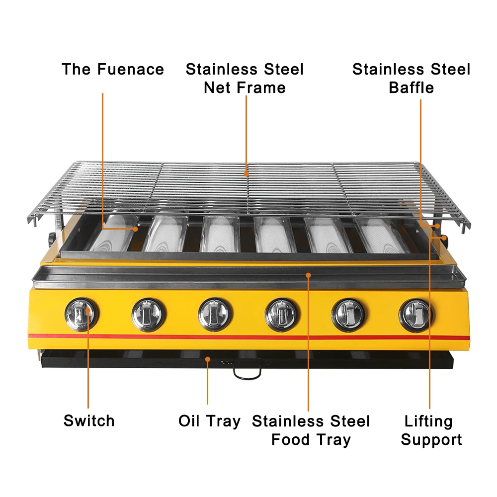 GZZT, большой гриль для барбекю, 6 конфорок, желтый стеклянный щит, быстро нагревается, легко чистится, инфракрасные горелка, грили для пикника на открытом воздухе, 810*580*170 мм