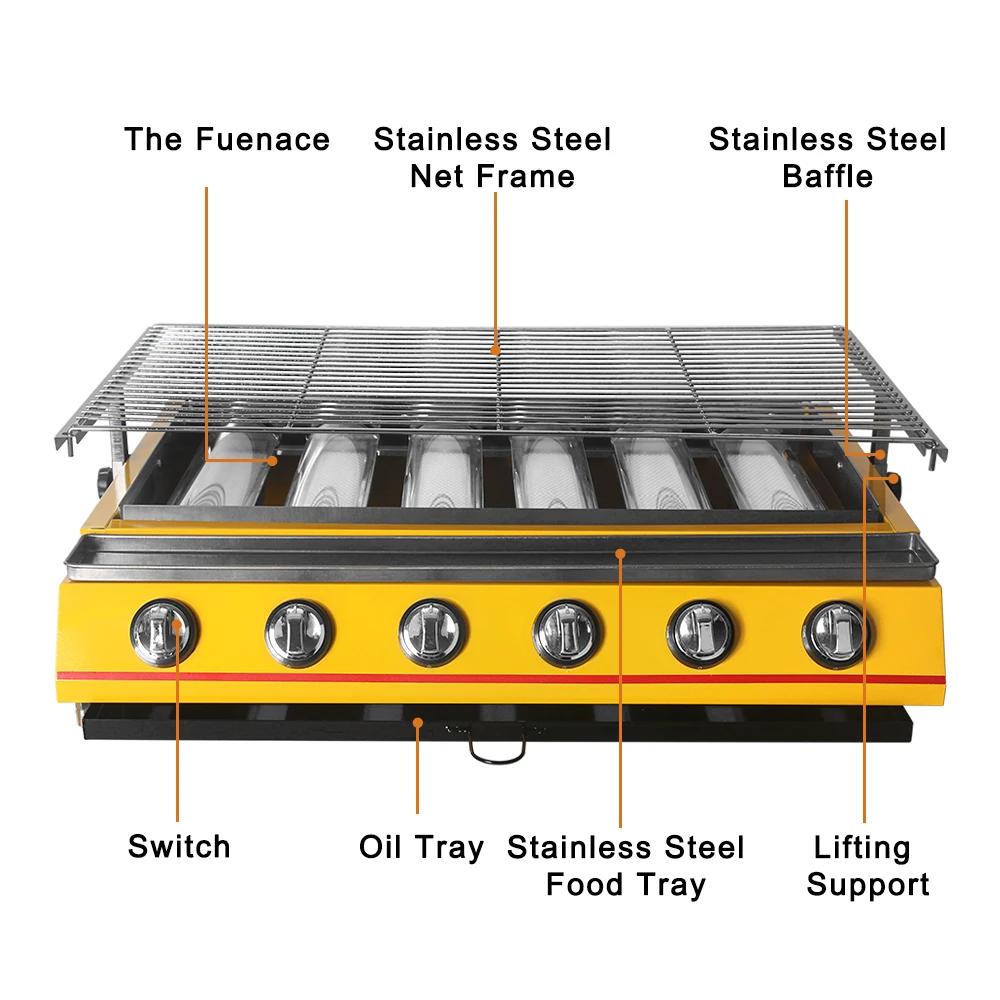 GZZT Big BBQ Grill 6 Burners Yellow Glass Shield Heat Fast Easy to Clean Infrared Burner Grills For Outdoor Picnic 810*580*170mm