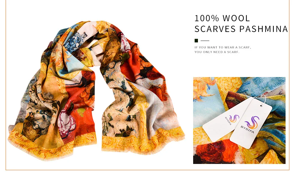 [BYSIFA] Новые женские шерстяные шарфы, шаль, платок, зимний модный аксессуар, Женский брендовый длинный кашемировый шарф с масляным рисунком 190*75 см