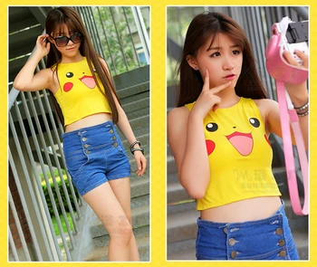 

Janpanese anime cosplay Pikachu costumes crop top for women summer style cotton t shirt shorts suit