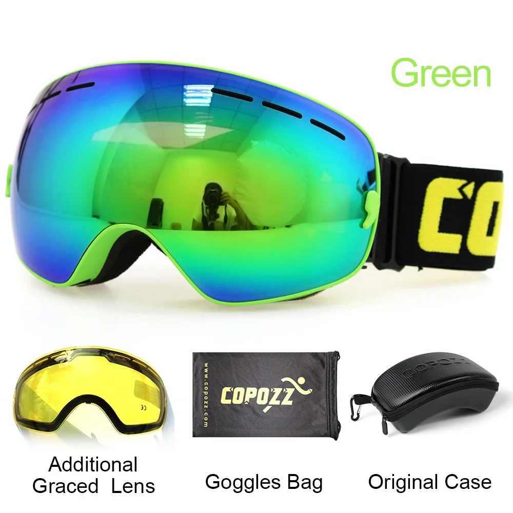 COPOZZ брендовые лыжные очки 2 слоя линзы Анти-Туман UV400 день и ночь сферические сноуборд очки для мужчин и женщин Лыжный Снег очки набор - Цвет: Frame Green Set
