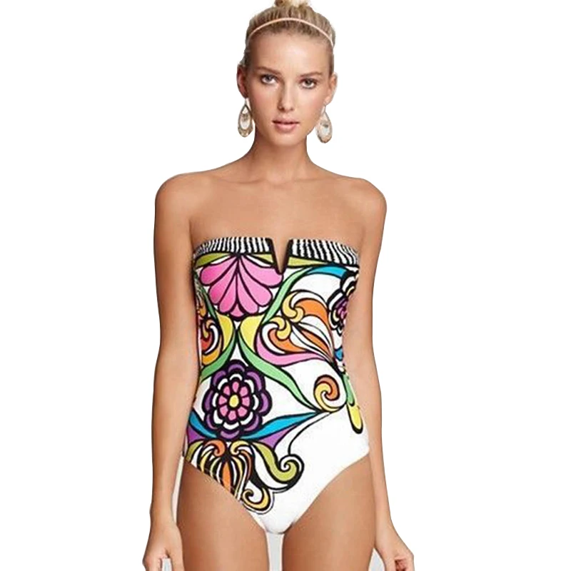 

New Sexy One Piece Swimsuit Padded Push Up Swimwear Women High Cut Monokini Swimsuit Retro Print Beach Girl Bathing Suit Trikini