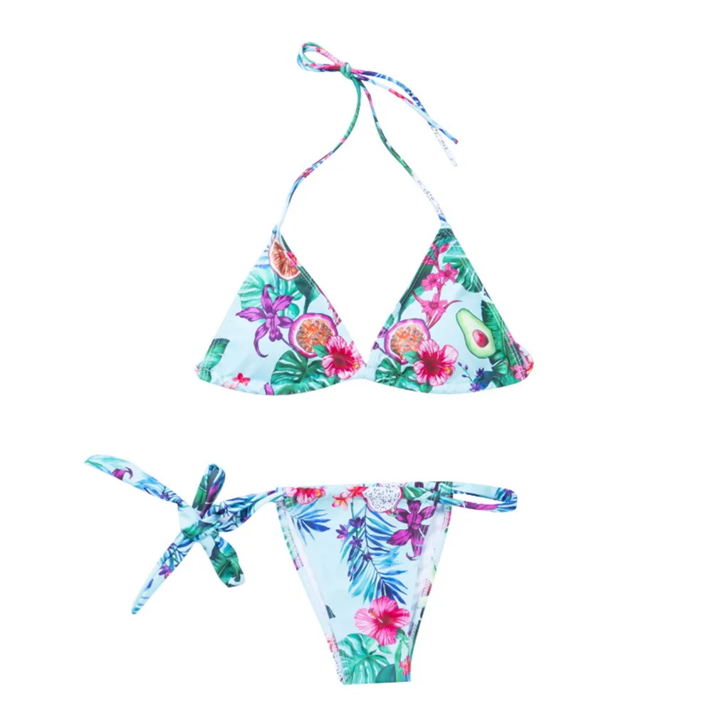 Sexy Colorfu Rainbow Striped Flora Bikini Set String Triangle Women's Swimwear Self Tie Side Tange Biniki 4 Color Size XL 5