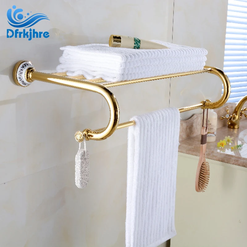 

Luxury Wall Mounted Golden Bathroom Towel Shelf Single Lever Towel Bar W/ Hooks