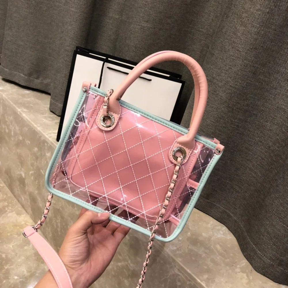 

Luxury brand Logo Famous desig Clear Transparent PVC Shoulder Bags Women Candy Color Women Jelly Bags Purse Solid Color Handbags