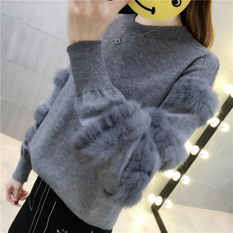 

New Winter Warm Solid Female Sweaters Rabbit Fur Patchwork Lantern Sleeves Knitted Pullover Spring Elegant Black Lady's Sweater