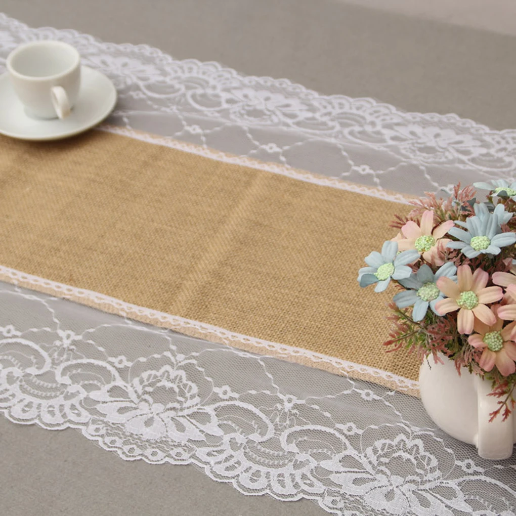 

Lace on both sides Burlap Lace Hessian Table Runner Linen Tablecloth for Wedding Party