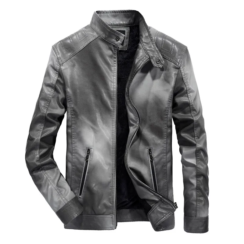 Осенняя и зимняя новая мужская кожаная куртка Ретро тонкая мотоциклетная куртка плюс бархатная ветрозащитная PU кожаная куртка - Цвет: Серый