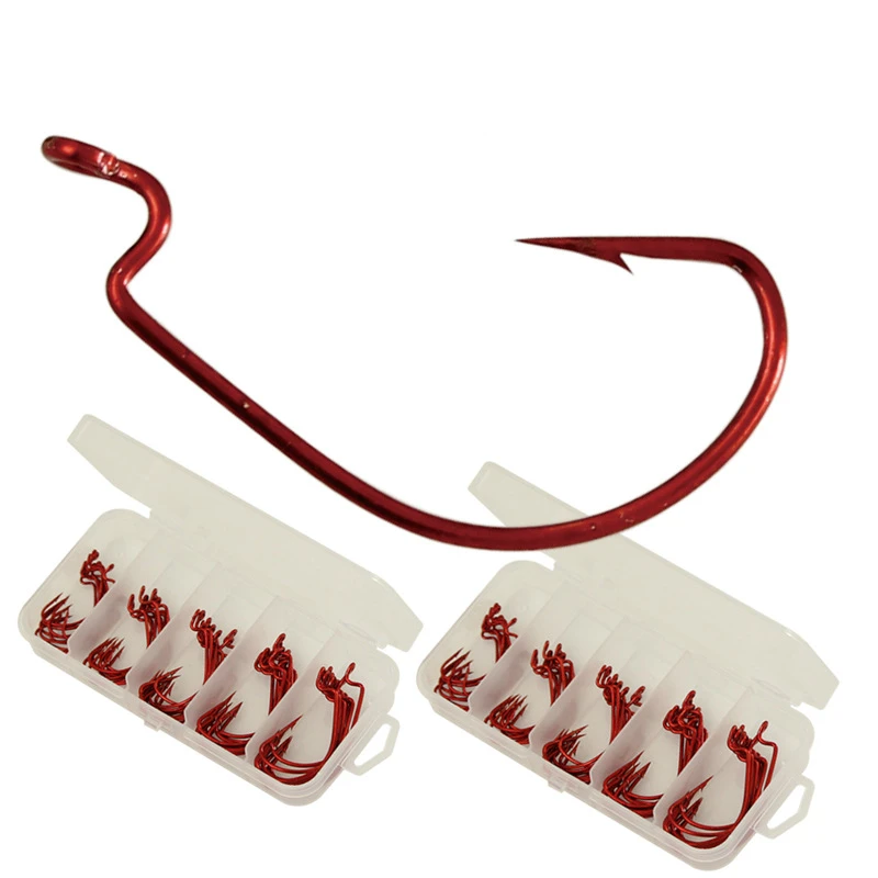 50pcs Texas fishing Hook set Kit 1 2 1/0 2/0 3/0 each 10pcs Red