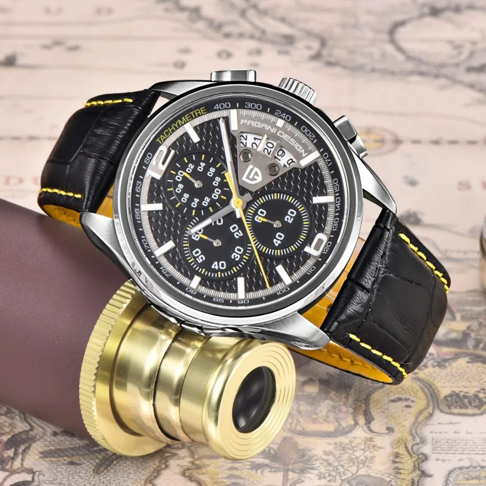 Лидирующий бренд PAGANI Дизайн кожаный ремешок мужские часы кварцевые роскошные спортивные водонепроницаемые светящиеся шкала со стрелкой хронограф Zegarek Meski