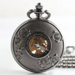 Античная Винтаж мужские черные механические карманные часы ручной Ветер Часы с 37 см цепочкой Relogio Bolso #101905
