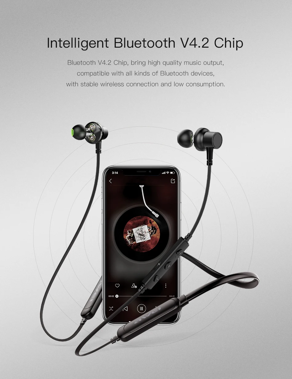 AWEI G20BLS Двойной Драйвер Deep Bass HiFi Спорт Беспроводные Наушники-вкладыши Hi-Fi Игровой Качество Звук Шейный Для iPhone 11 SE XR