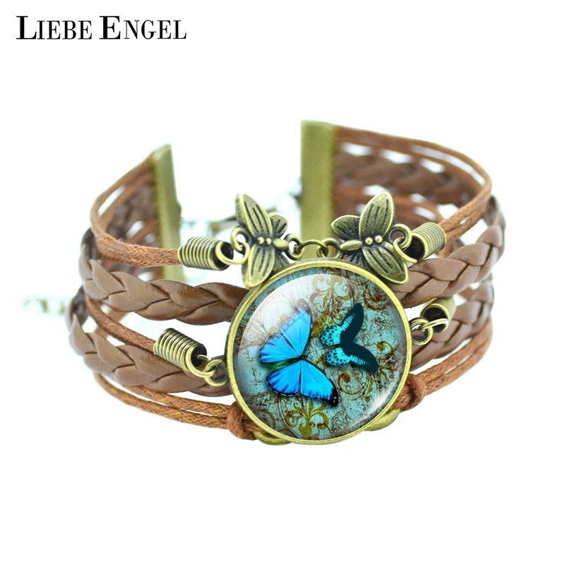 Classic Butterfly Bangles Bracelets Fashion Glass Cabochon Bracelet for Women Newest Bronze Leather Bracelet