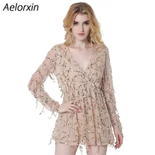 Aelorxin 2017 Summer Dress Women Sexy Sequin Tassel Beach Party Short Dress V-neck Vintage Office Dress Female Vestidos Bohemia