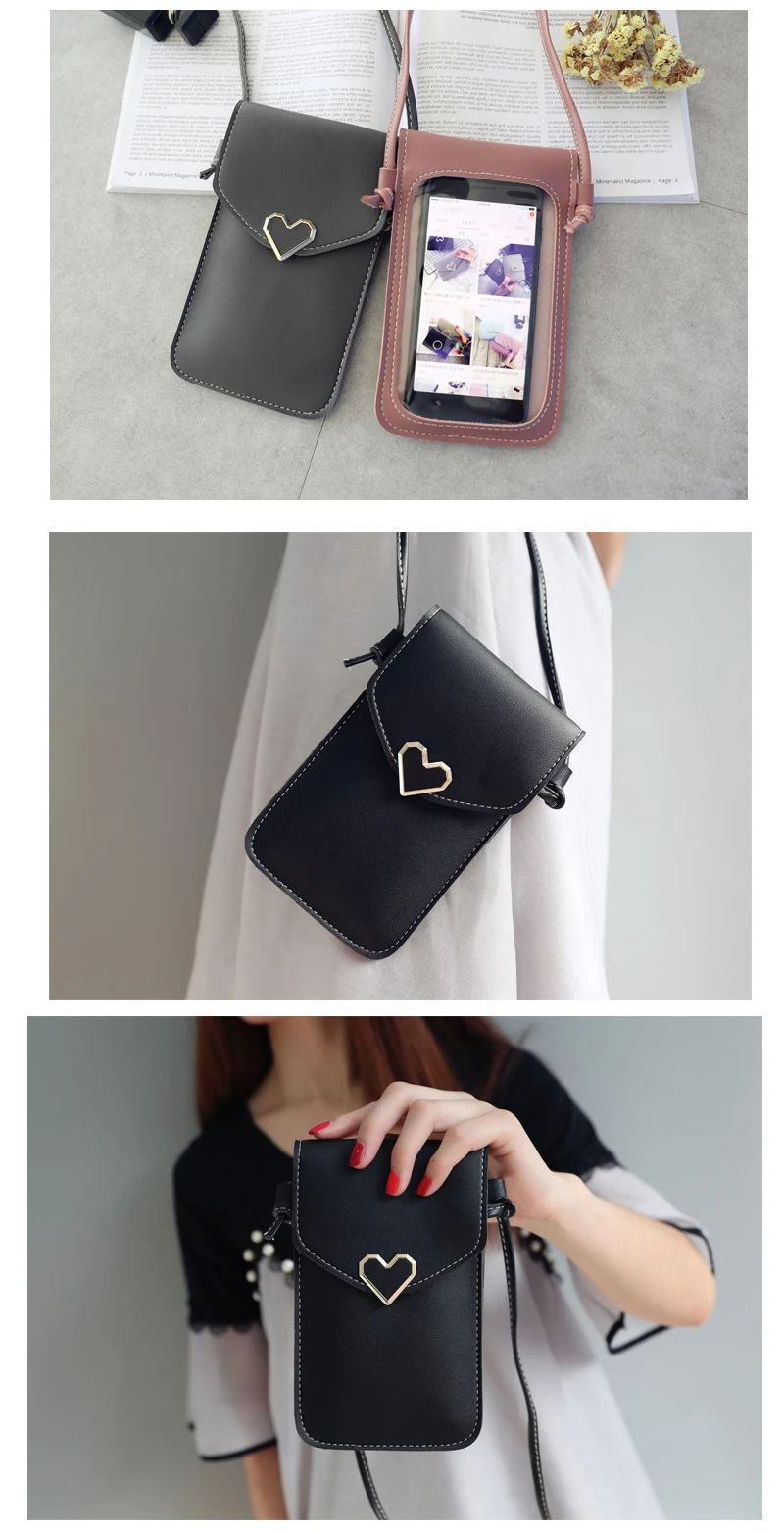 Женская сумка для телефона, женская сумочка для монет, сумка через плечо для девушек, милая сумка для телефона, мини-сумка для мобильного телефона с застежкой в виде сердца