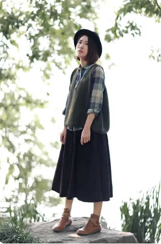 Literature Plus Size Style Corduroy Skirt Mid-length Vintage Loose A-line Type Skirt Elastic Waist Pleated Bubble Long Skirt 7