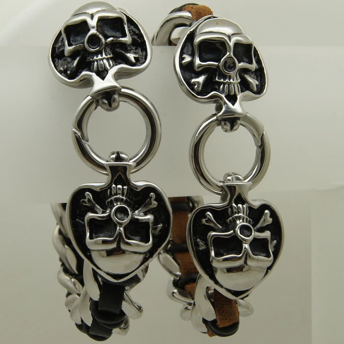 cool bone skull in pocker spade woven leather 316 stainless steel bracelet new