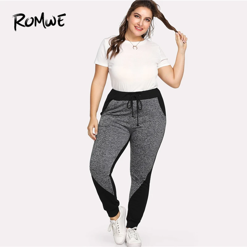Romwe Sport Plus Size Black and Grey Drawstring Women Fitness Running Tights 2018 Gym Running Sport Pants Yoga Jogging Leggings