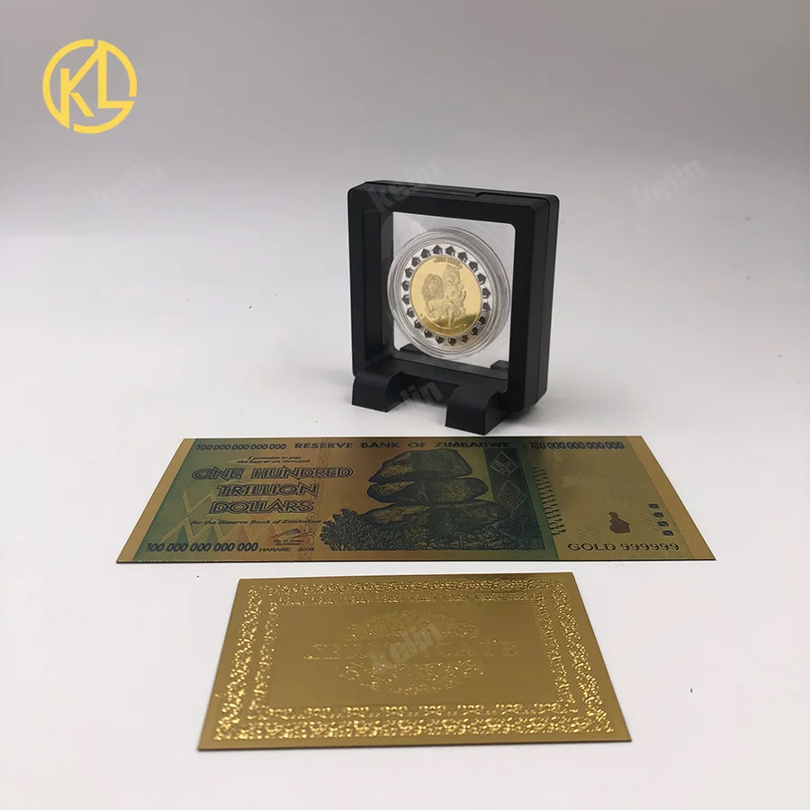 

Gold Plated Zimbabwe animal 100 trillion dollars Round Metal Commemorative Coin For with showing stand Business Collection Gifts
